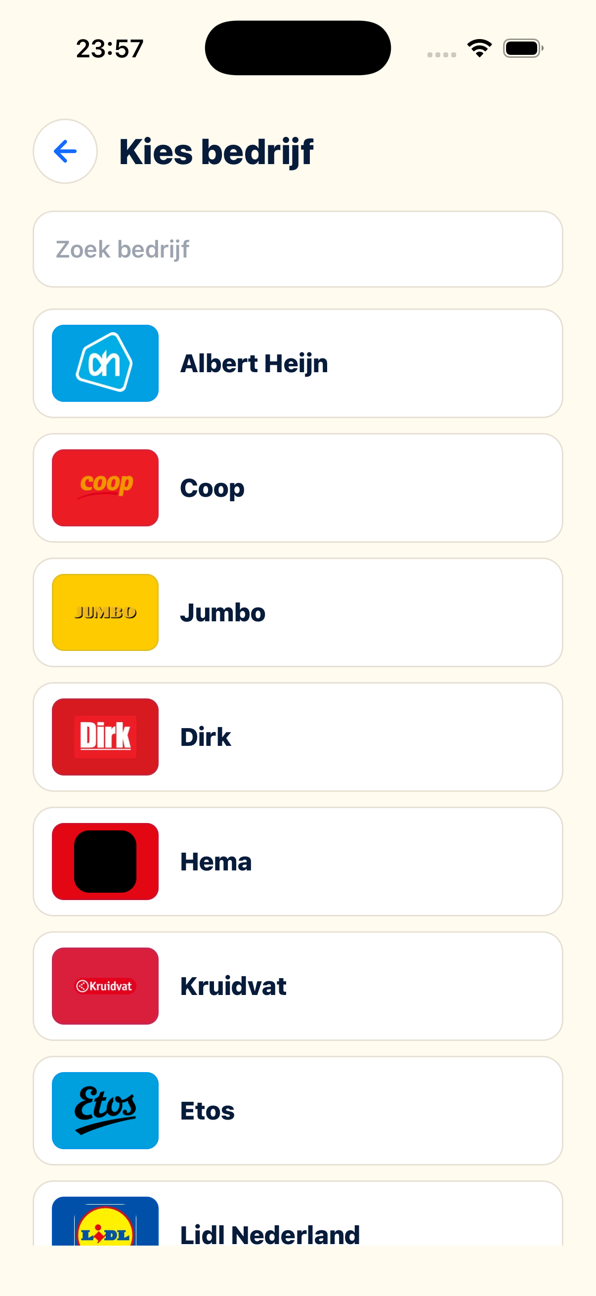 TappDeck scherm om een bedrijf te kiezen