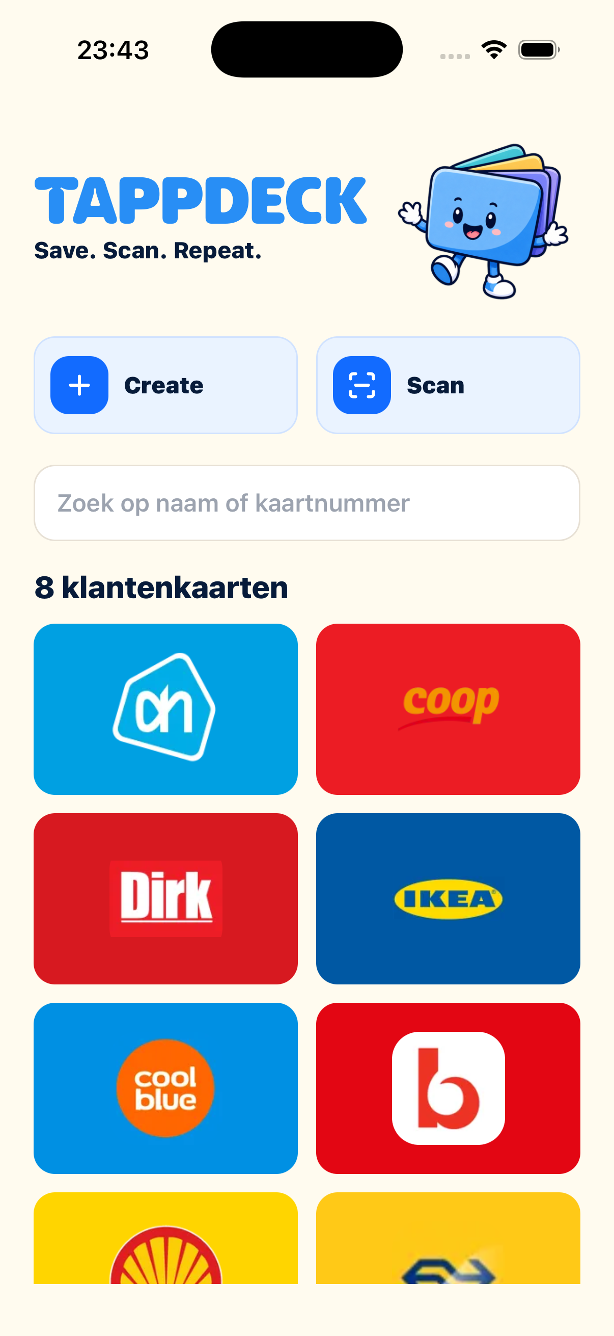 TappDeck startscherm met opgeslagen klantenkaarten